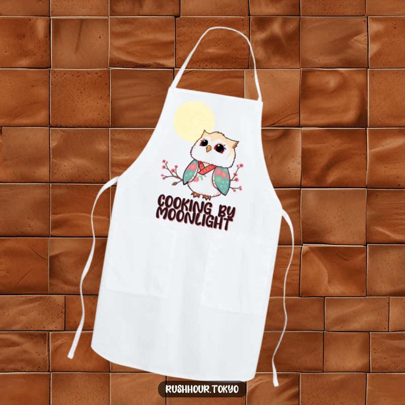 Funny fluffy owl in a vibrant kimono gazing up at a serene moonlit sky, featured on a practical and artistic kitchen apron.