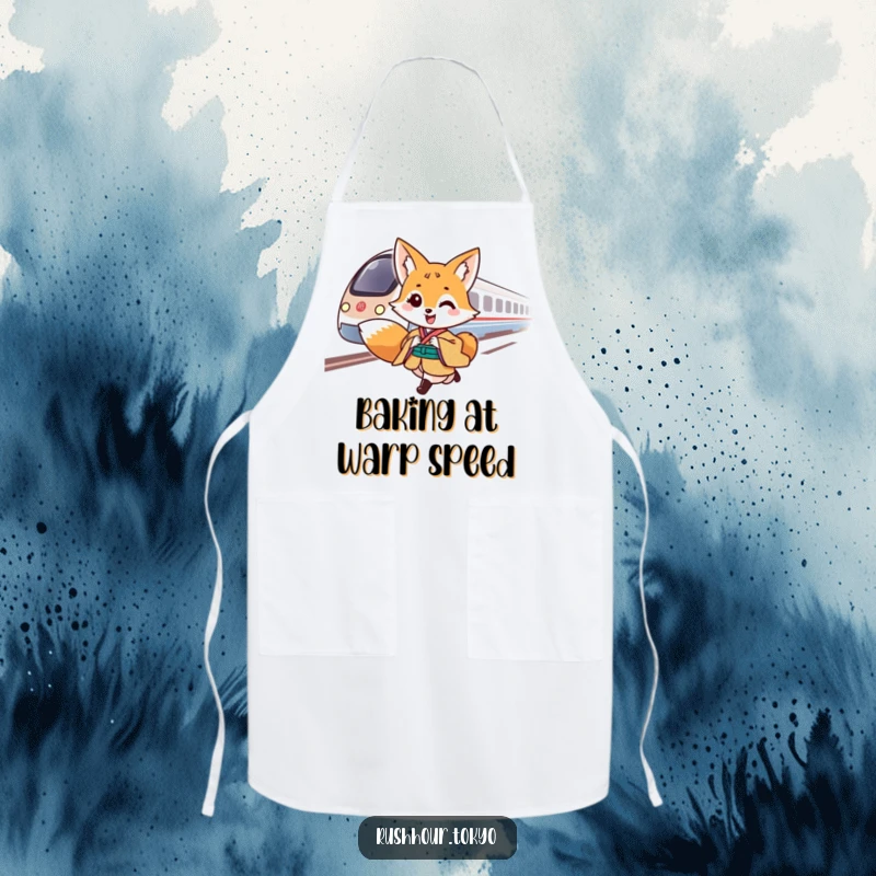 Cheerful fox character in a traditional kimono gallops alongside a speeding bullet train on a humorous kitchen apron.