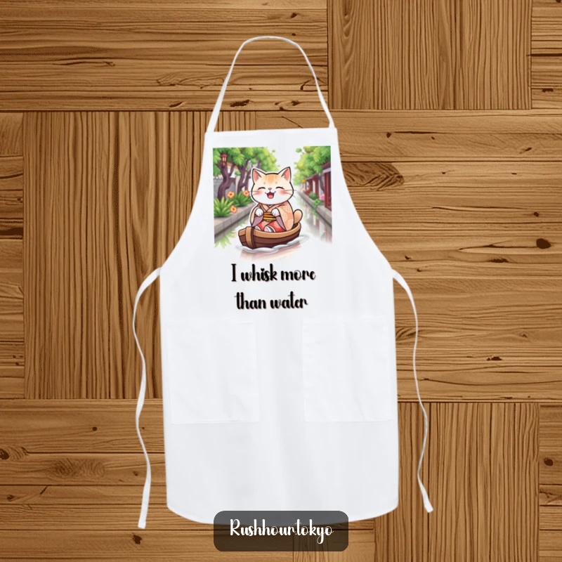 Funny cat in a patterned kimono joyfully rowing a boat on a canal, featured on a practical and humorous kitchen apron.