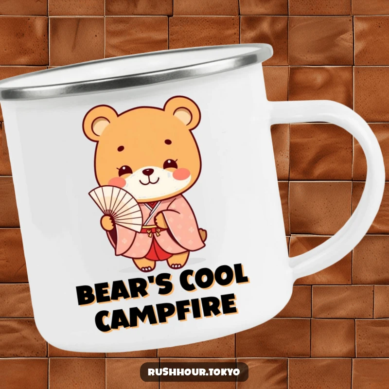 Funny playful bear character in a formal kimono smiles while holding a delicate fan, depicted on a durable camping mug.