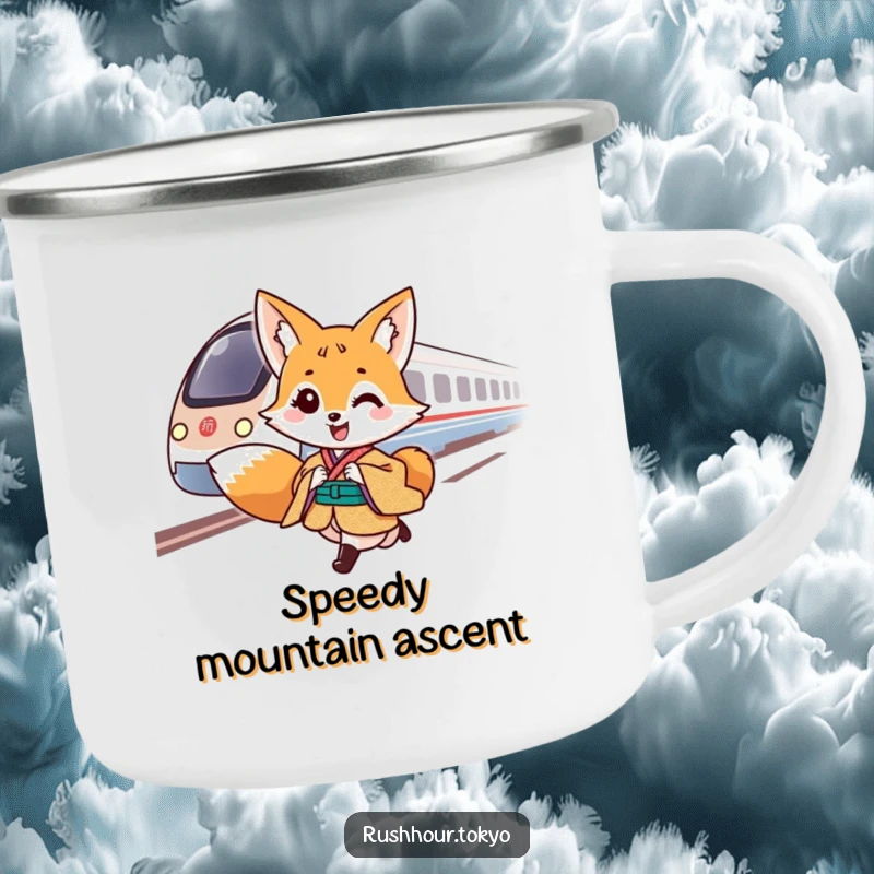Cheerful fox character in a traditional kimono gallops alongside a speeding bullet train on a sturdy camping mug.