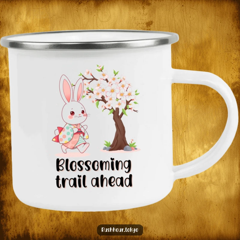 Cute kawaii bunny wearing a colorful kimono, happily skipping beside a blooming cherry tree on a sturdy camping mug.