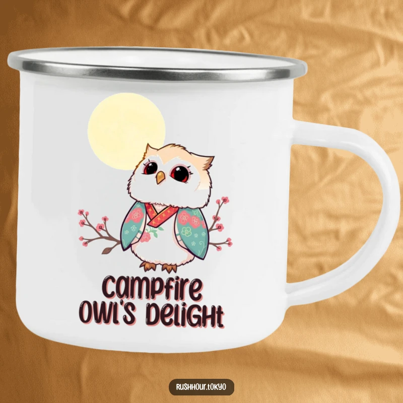 Funny fluffy owl in a vibrant kimono gazing up at a serene moonlit sky, depicted on a durable camping mug.