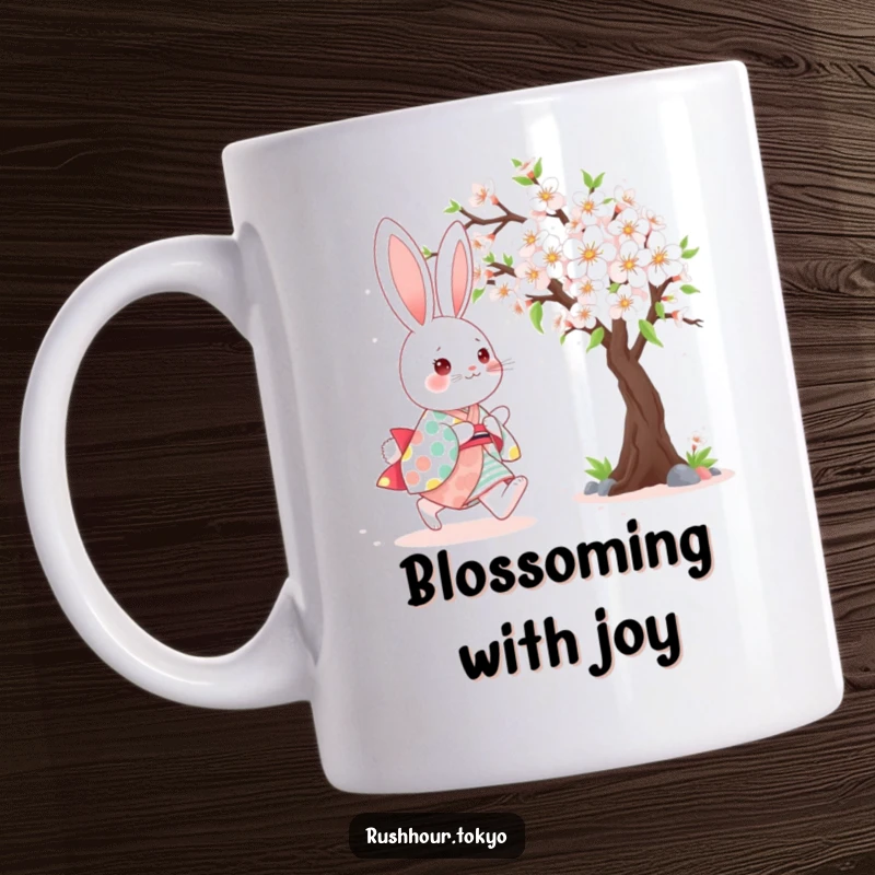 Cute kawaii bunny wearing a colorful kimono, happily skipping beside a blooming cherry tree on a humorous mug.