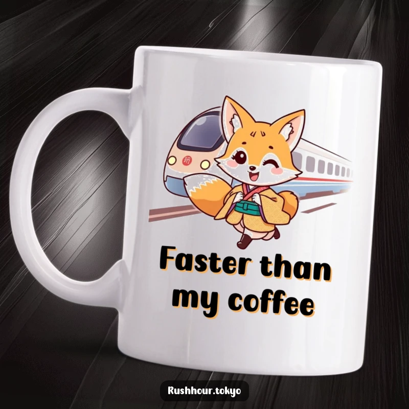 Cheerful fox character in a traditional kimono gallops alongside a speeding bullet train on a humorous mug.