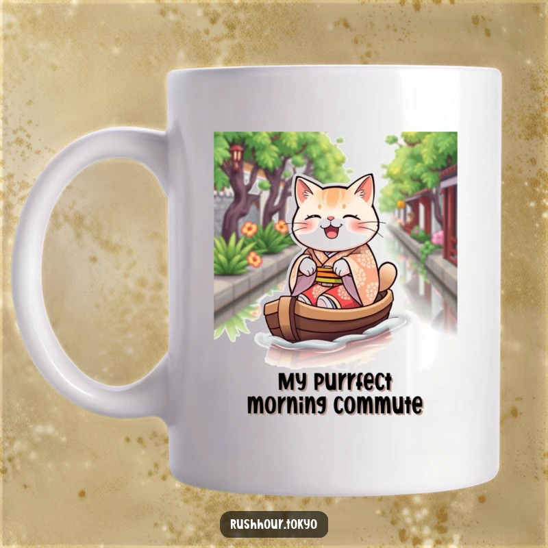 Funny cat in a patterned kimono joyfully rowing a boat on a canal, captured humorously on this delightful mug.