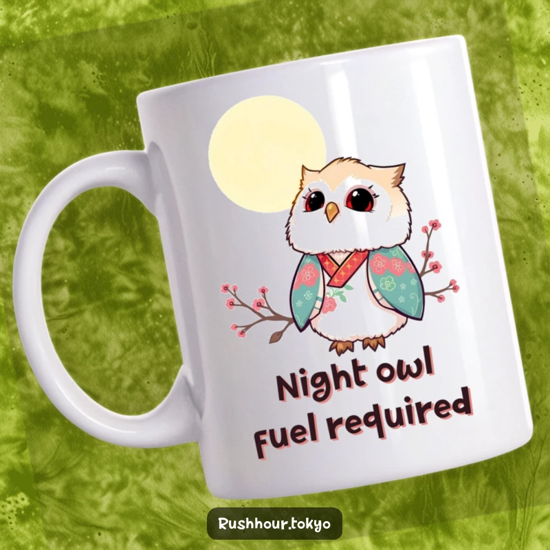 Funny fluffy owl in a vibrant kimono gazing up at a serene moonlit sky, featured on a charming coffee mug.