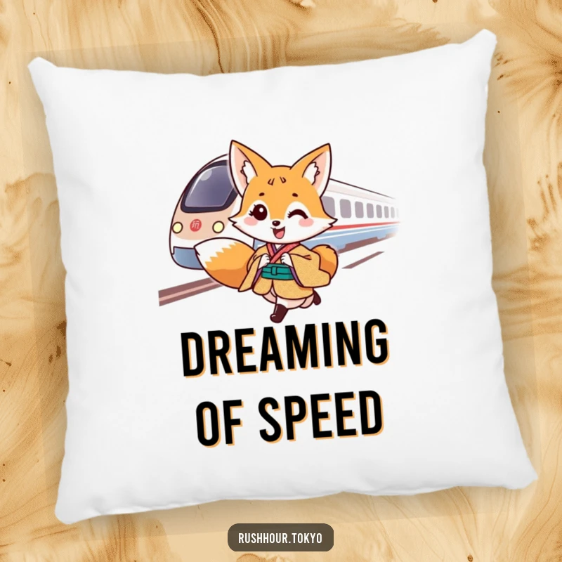 Cheerful fox character in a traditional kimono gallops alongside a speeding bullet train on a soft, decorative pillow.