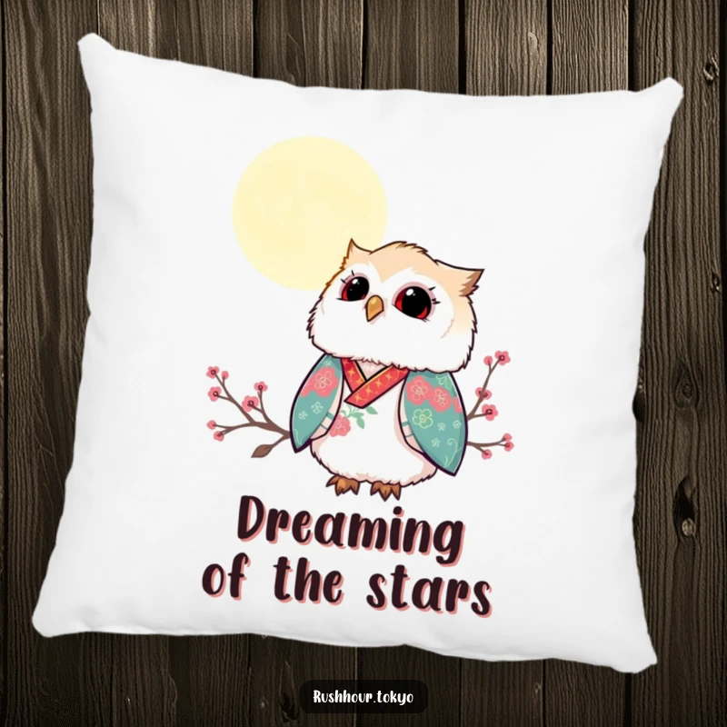 Funny fluffy owl in a vibrant kimono gazing up at a serene moonlit sky, displayed on a soft and decorative pillow.