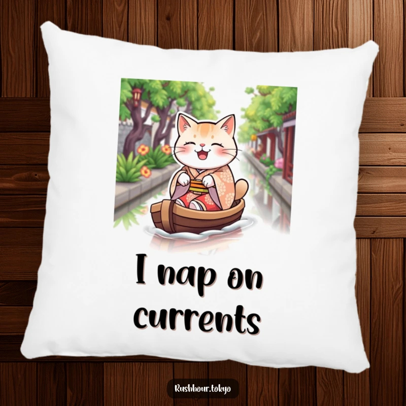 Funny plump cat wearing a kimono, joyfully rowing a boat on a canal, displayed on a soft and decorative pillow.