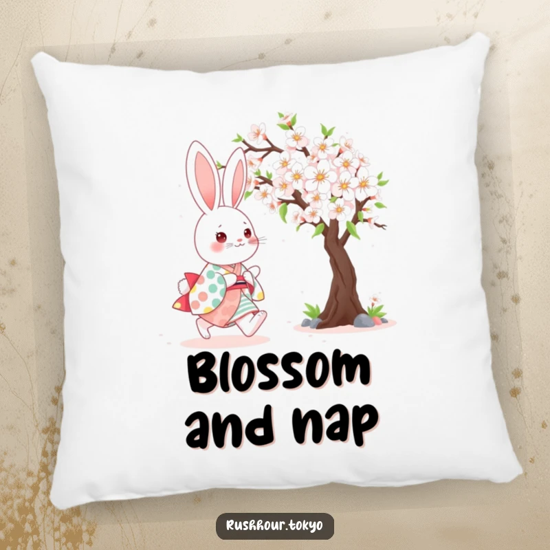 Cute kawaii bunny wearing a colorful kimono, happily skipping beside a blooming cherry tree on a soft, decorative pillow.