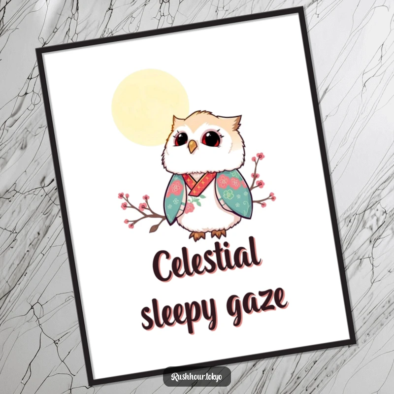 Funny fluffy owl in a vibrant kimono gazing up at a serene moonlit sky, presented as a high-resolution digital art print.
