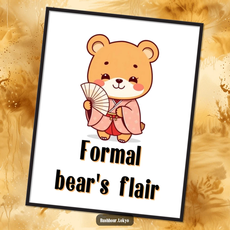 Funny playful bear character in a formal kimono smiles while holding a delicate fan, presented as a high-resolution digital art print.