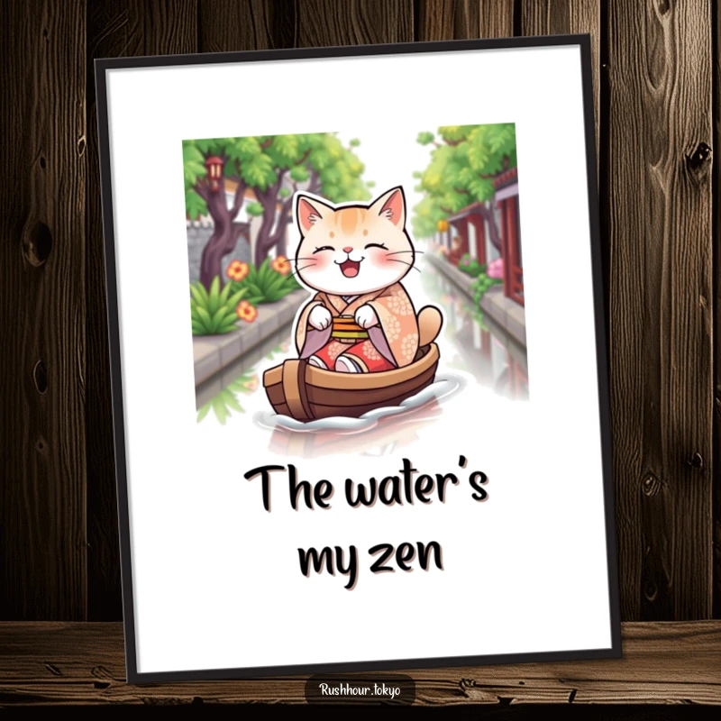 Funny cat in a patterned kimono joyfully rowing a boat on a canal, presented as a high-resolution digital art print.