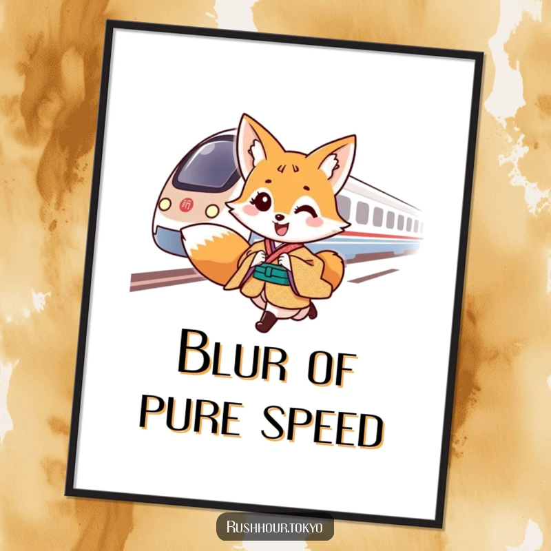 Cheerful fox character in a traditional kimono gallops alongside a speeding bullet train, presented as a downloadable digital art print.