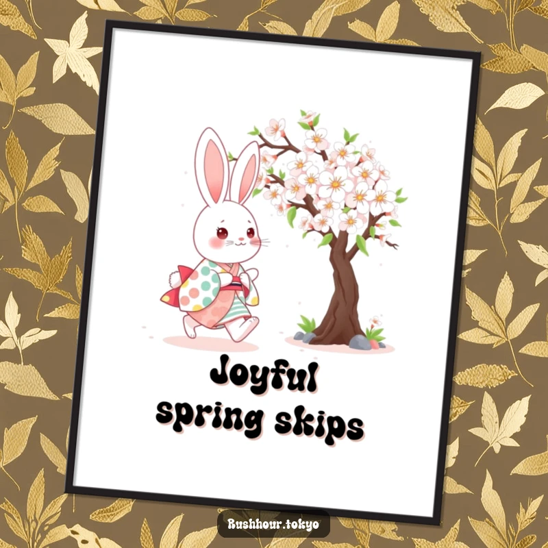 Cute kawaii bunny wearing a colorful kimono, happily skipping beside a blooming cherry tree, presented as a downloadable digital art print.