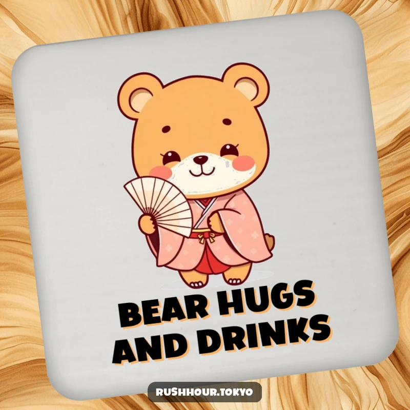 Funny playful bear character in a formal kimono smiles while holding a delicate fan, featured on a set of charming drink coasters.