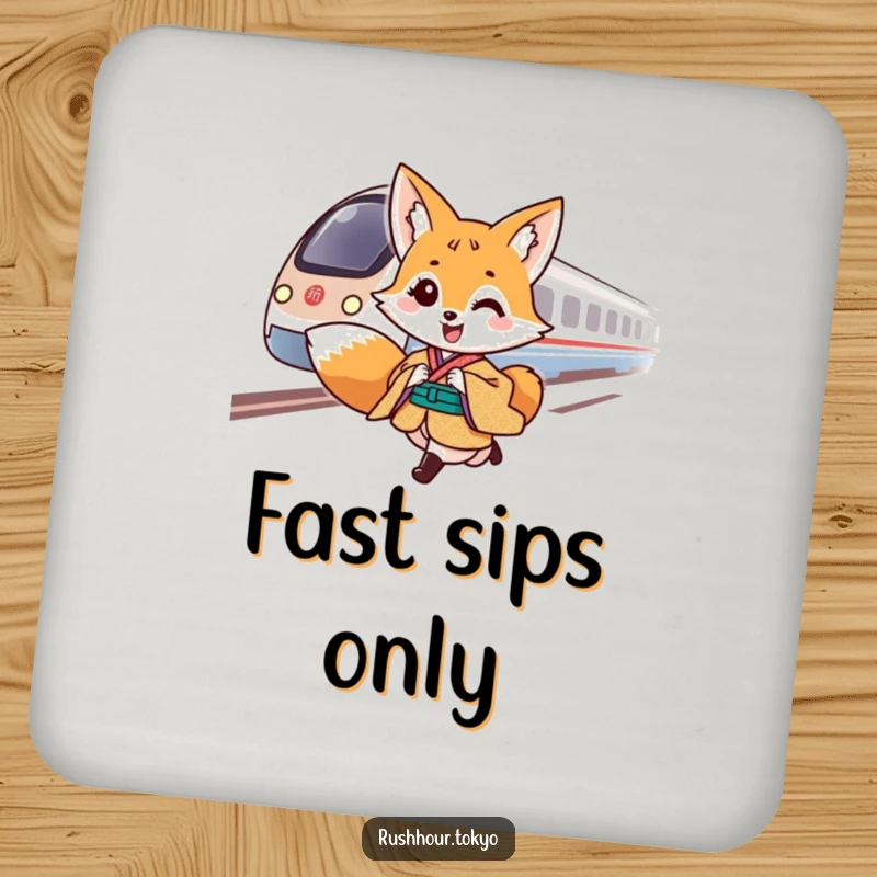 Cheerful fox character in a traditional kimono gallops alongside a speeding bullet train on a humorous drink coaster.