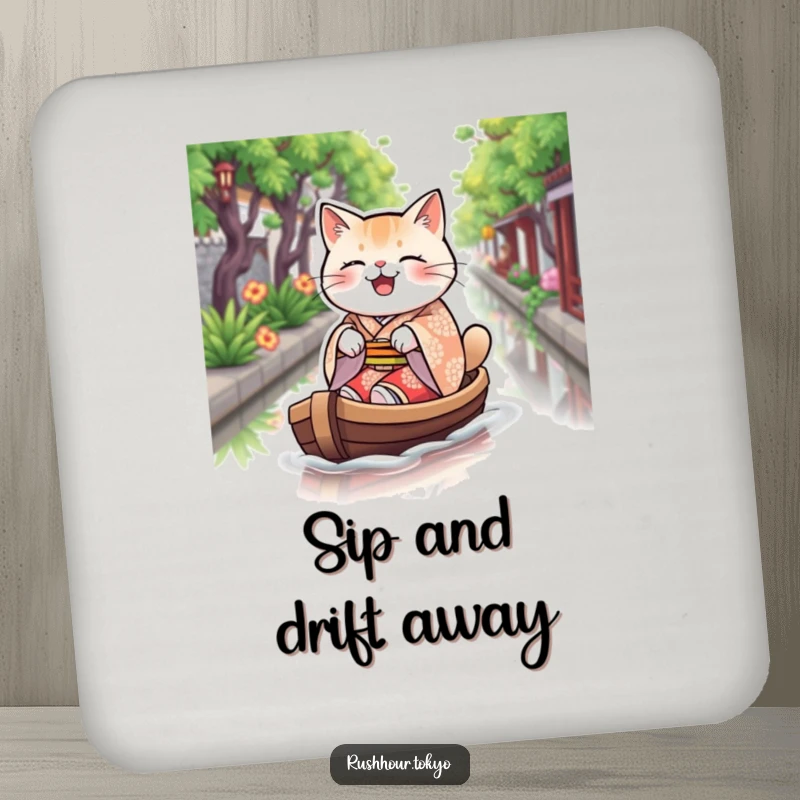 Funny plump cat wearing a kimono, joyfully rowing a boat on a canal, featured on a set of charming drink coasters.