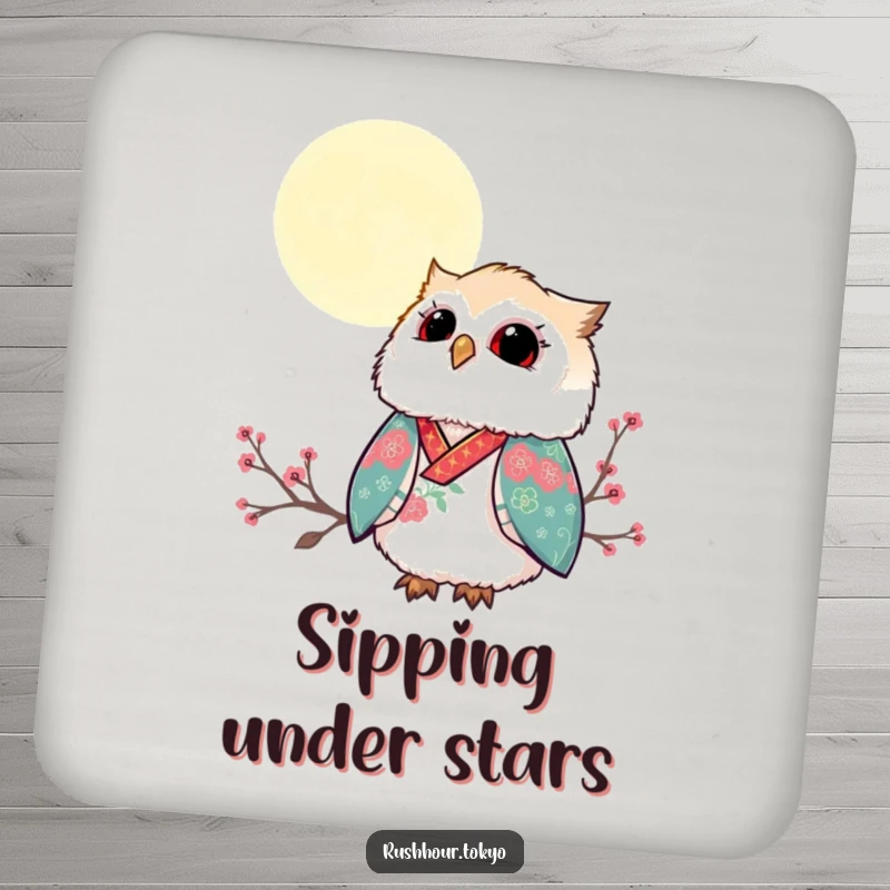 Funny fluffy owl in a vibrant kimono gazing up at a serene moonlit sky, featured on a set of charming drink coasters.