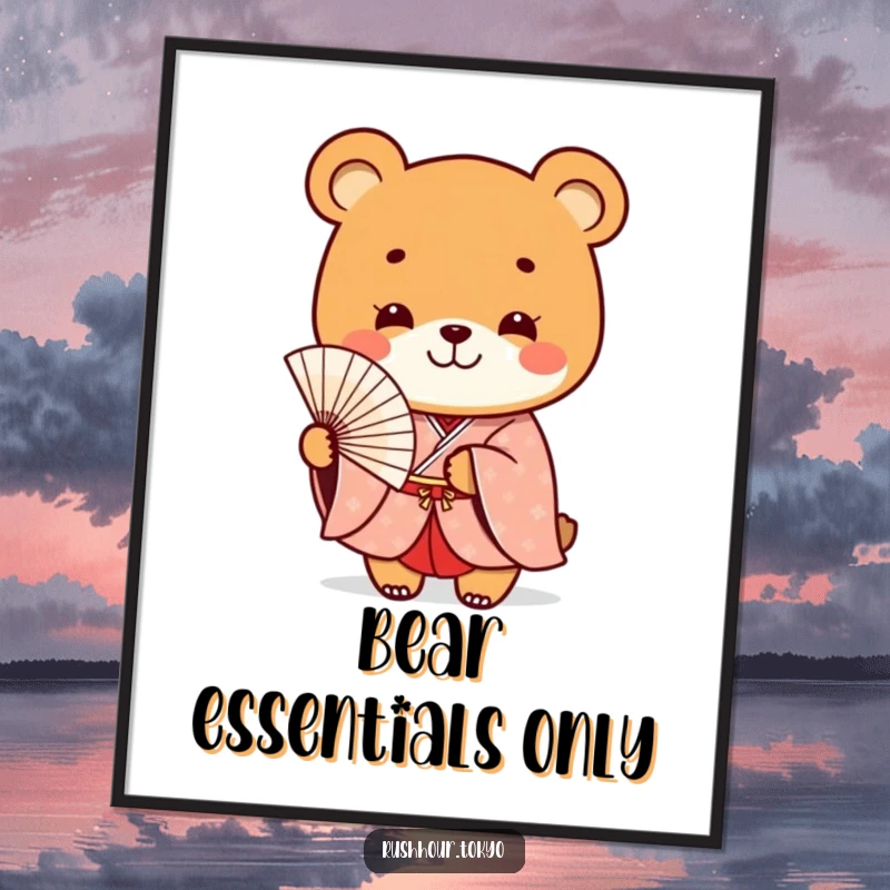 Funny playful bear character in a formal kimono smiles while holding a delicate fan, presented as a charming art poster.