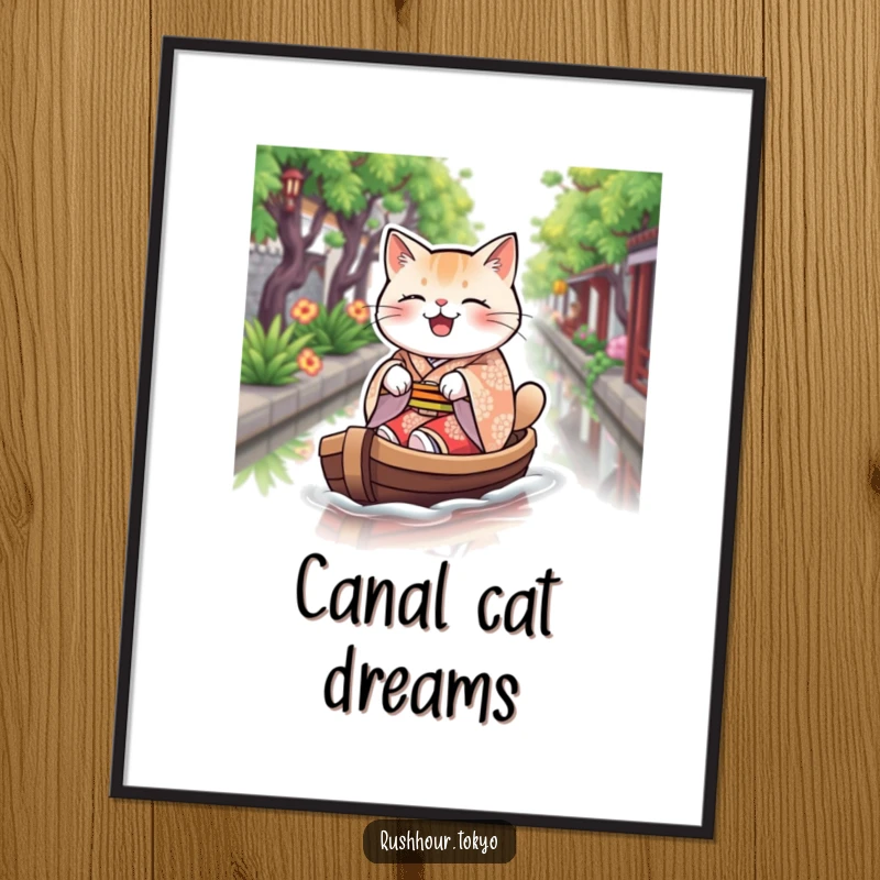 Funny cat in a patterned kimono joyfully rowing a boat on a canal, showcased as a charming art poster.
