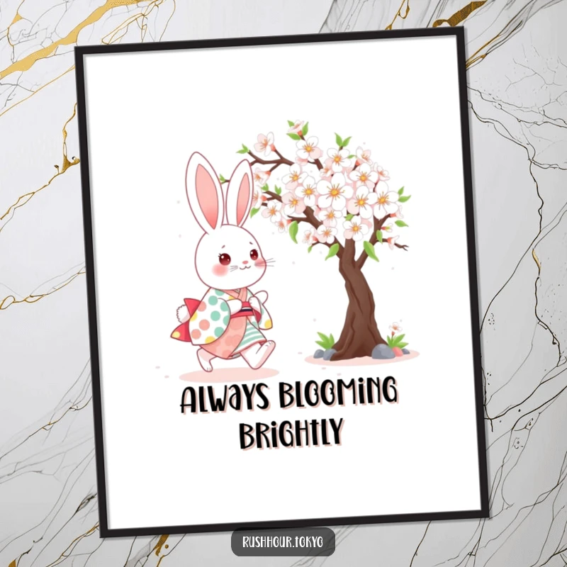 Cute kawaii bunny wearing a colorful kimono, happily skipping beside a blooming cherry tree, displayed as funny wall art.