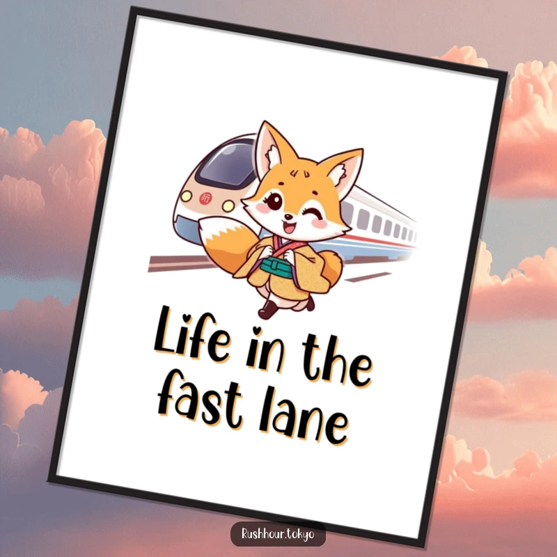Cheerful fox character in a traditional kimono gallops alongside a speeding bullet train, displayed as funny wall art.