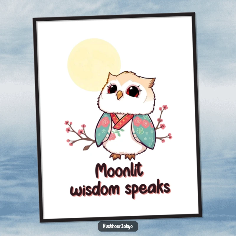 Funny fluffy owl in a vibrant kimono gazing up at a serene moonlit sky, presented as a captivating art poster.