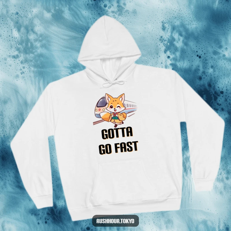 Cheerful fox character in a traditional kimono gallops alongside a speeding bullet train on a cozy hoodie.