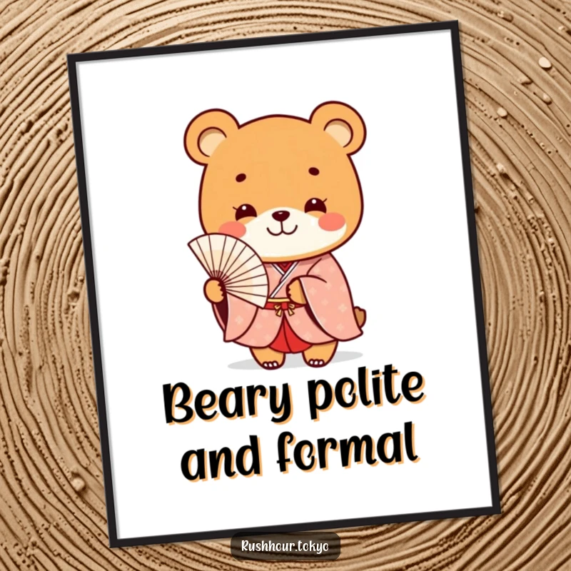 Funny Free Printable wall art of a playful bear character in a formal kimono smiling while holding a delicate fan.