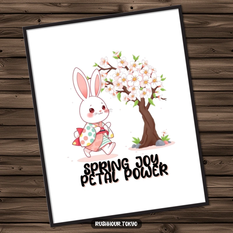 Free Printable Wall Art: Cute bunny wearing a colourful kimono, happily skipping alongside a beautifully blooming cherry blossom tree.