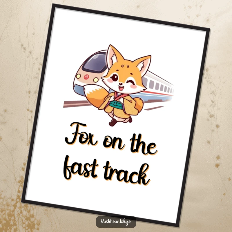 Free Printable Wall Art: Cheerful fox in a kimono sprinting alongside a fast-moving, blurred bullet train on a track.