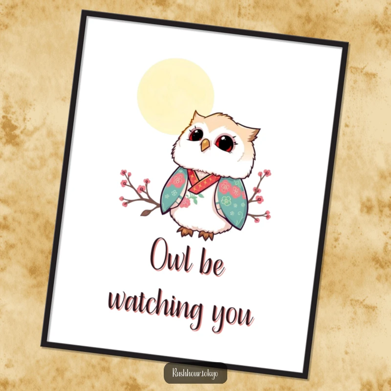 Funny Free Printable wall art of a fluffy owl wearing a vibrant kimono, gazing up at a serene moonlit sky.