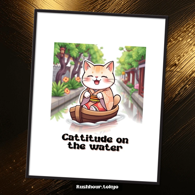 Funny Free Printable wall art of a plump cat wearing a patterned kimono, joyfully rowing a small boat on a canal.