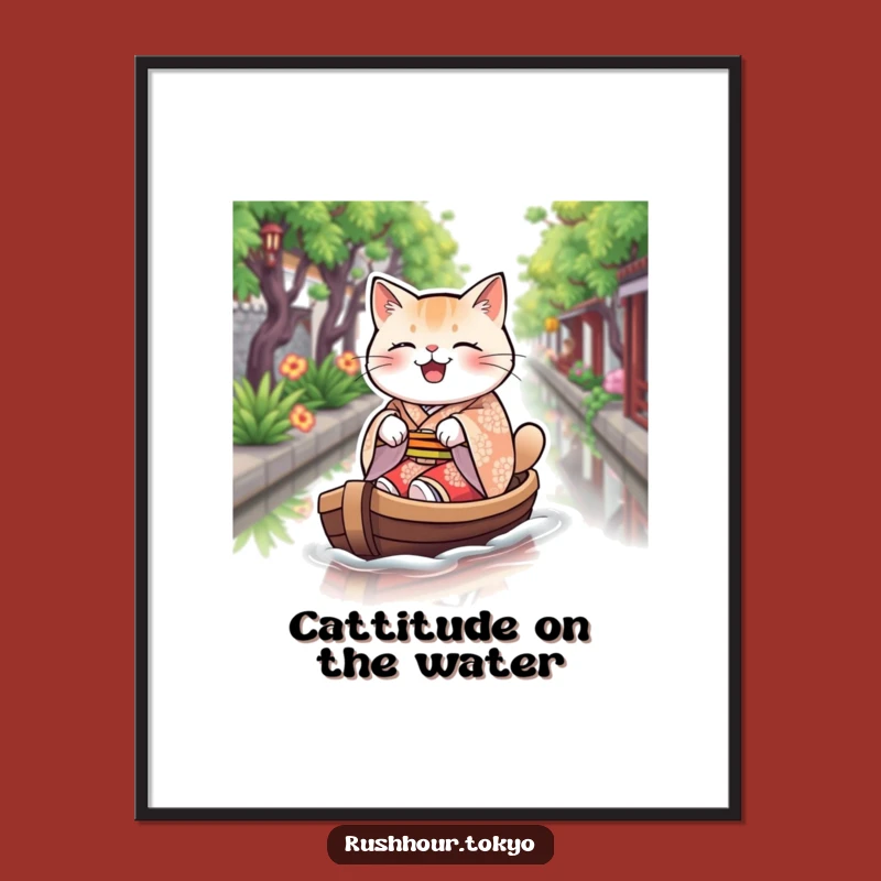 Free Printable Wall Art: Plump Cat Kimono Boat - Funny Japanese Style Downloadable Decor