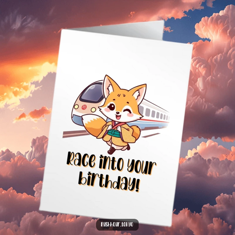 Funny Free Printable Birthday Card: Cheerful fox in a traditional kimono galloping alongside a blur of a speeding bullet train.