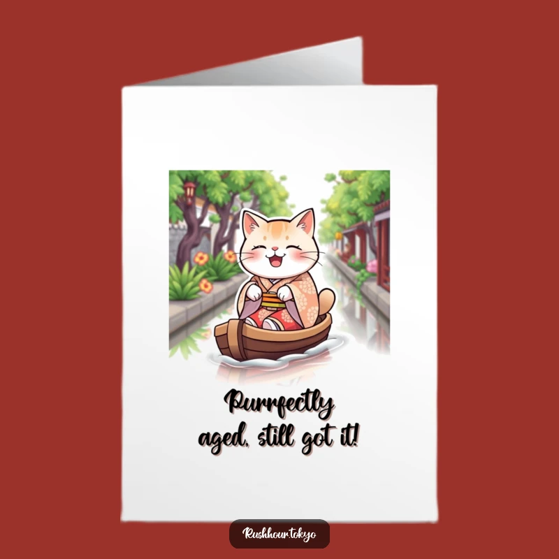 Free Printable Funny Birthday Card: Plump Cat in Kimono Rowing Boat - Downloadable Gift