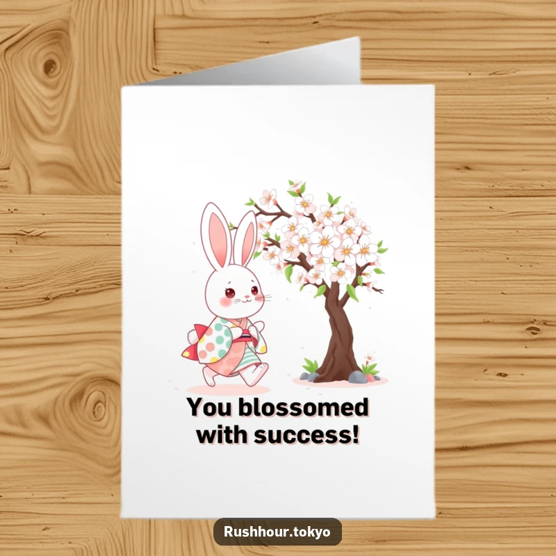 Free Printable Congratulations Card: Adorable bunny in a festive kimono joyfully skipping beside a vibrant, blooming cherry tree.