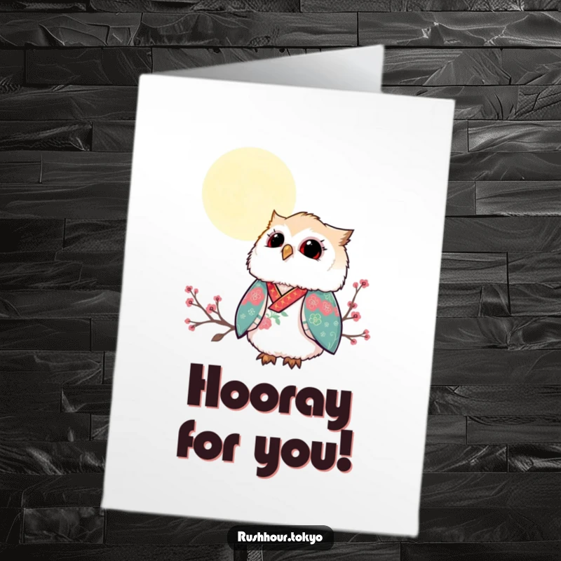 Funny Free Printable congratulations card featuring a fluffy owl in a vibrant kimono looking up at a moonlit night sky.