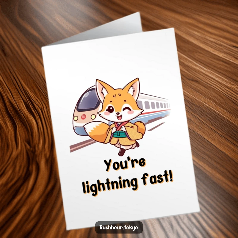Free Printable Congratulations Card: Energetic fox in a kimono on a fast-paced journey, outpacing a bullet train.