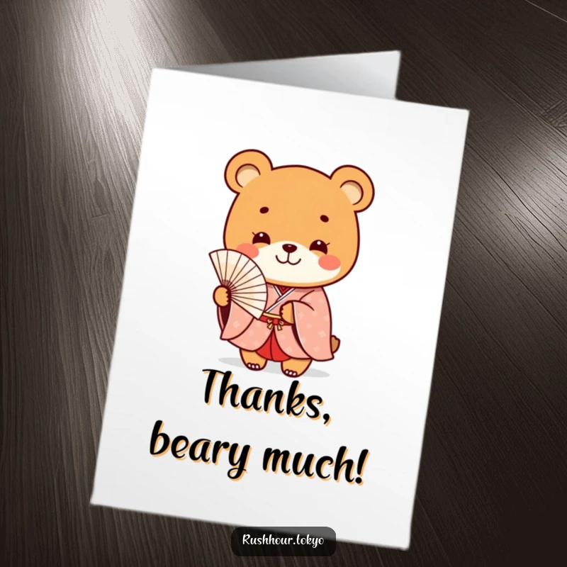 Funny Free Printable thank you card of a playful bear in a formal kimono smiling and holding a delicate fan.