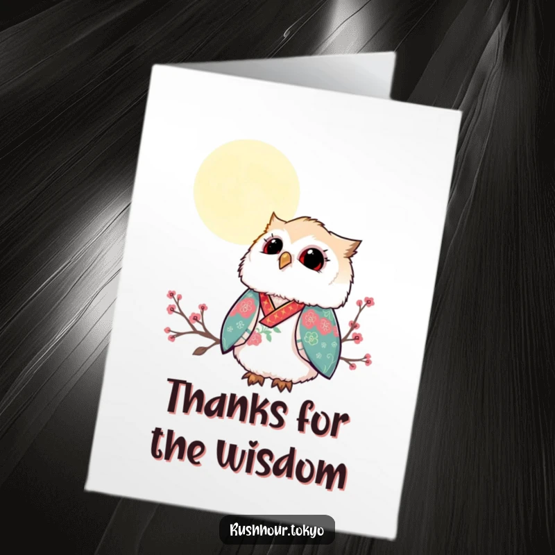 Funny Free Printable thank you card of a fluffy owl in a vibrant kimono gazing at a serene moonlit sky.