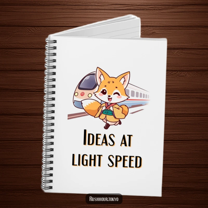 Cheerful fox character in a traditional kimono gallops alongside a speeding bullet train on the cover of a funny notebook.