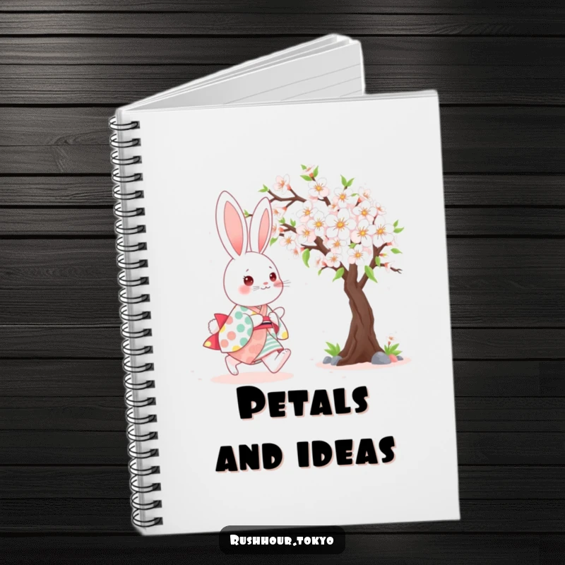 Cute kawaii bunny wearing a colorful kimono, happily skipping beside a blooming cherry tree on the cover of a funny notebook.