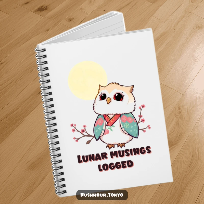 Funny fluffy owl in a vibrant kimono gazing up at a serene moonlit sky, adorning the cover of this inspiring notebook.