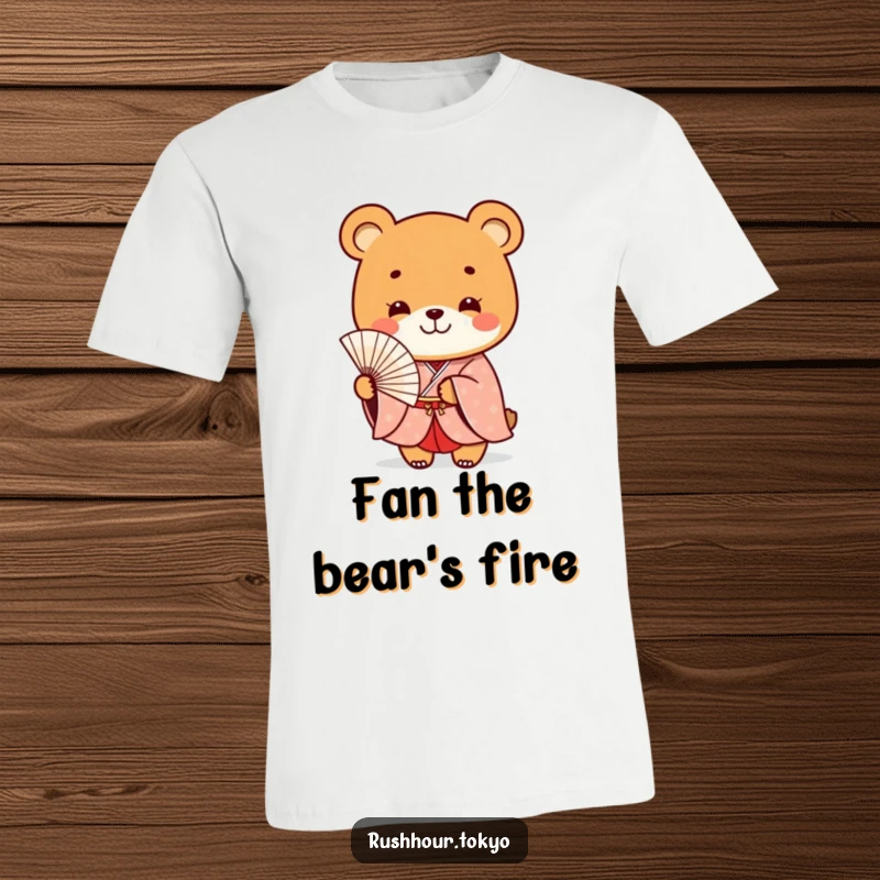 Funny playful bear character in a formal kimono smiles while holding a delicate fan, printed on a comfortable graphic tee.
