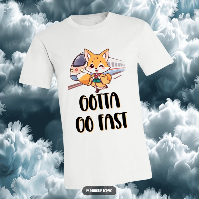Cheerful fox character in a traditional kimono gallops alongside a speeding bullet train on a humorous t-shirt.
