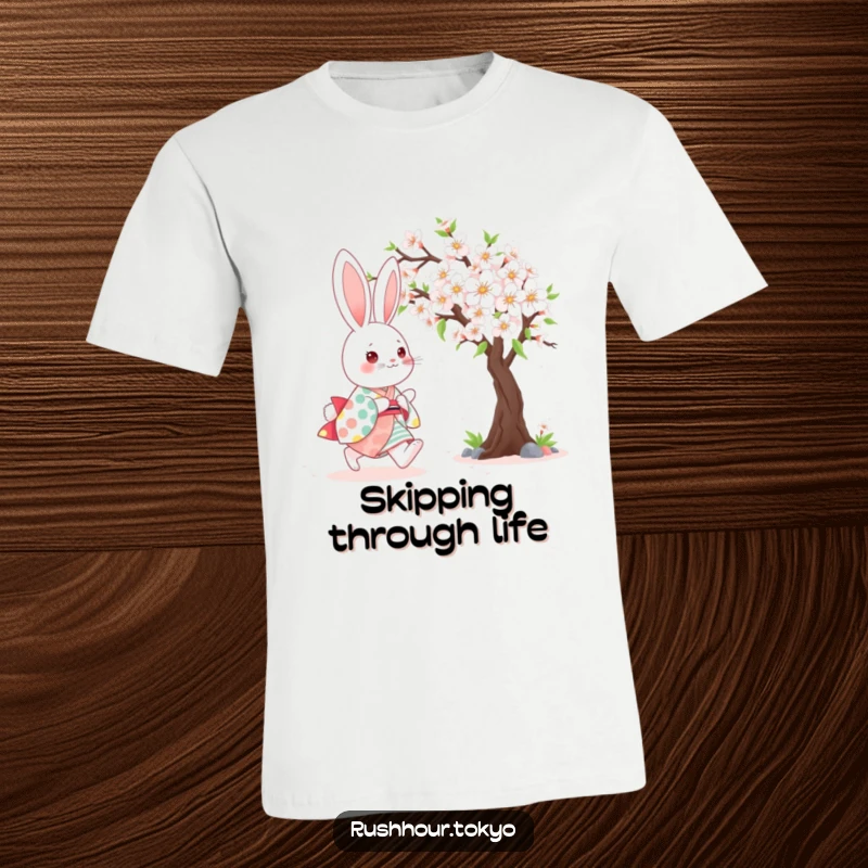 Cute kawaii bunny wearing a colorful kimono, happily skipping beside a blooming cherry tree on a humorous t-shirt.