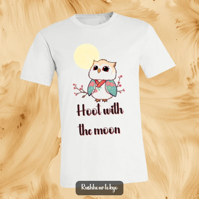 Funny fluffy owl in a vibrant kimono gazes up at a serene moonlit sky, printed on a soft and stylish graphic tee.